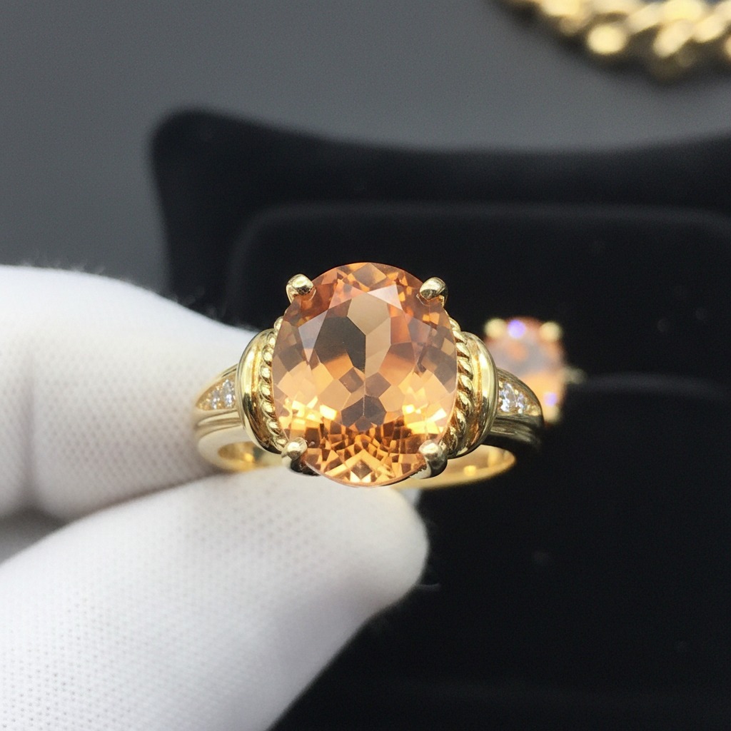Anel de ouro com uma grande pedra preciosa laranja de corte oval, segurado por uma mão enluvada.