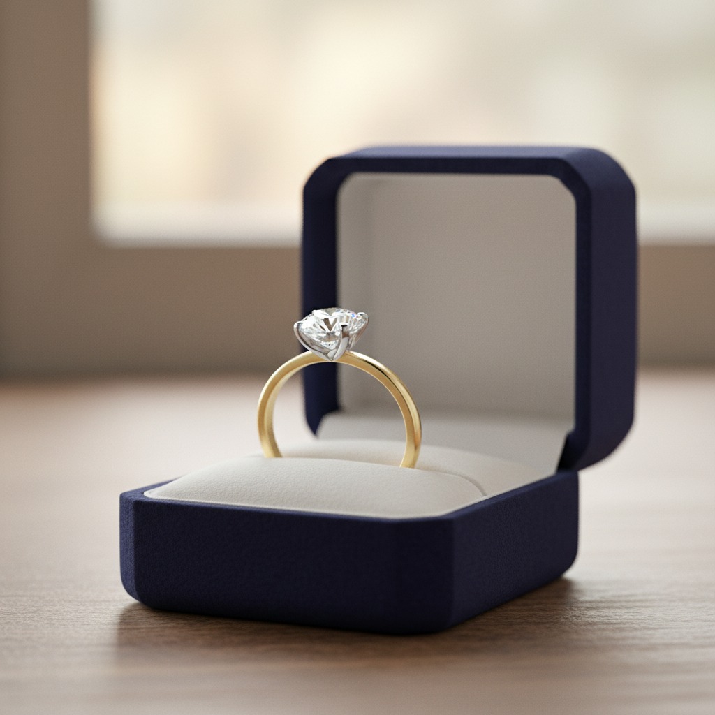Anel de noivado com diamante em uma caixa azul aberta sobre uma superfície de madeira.